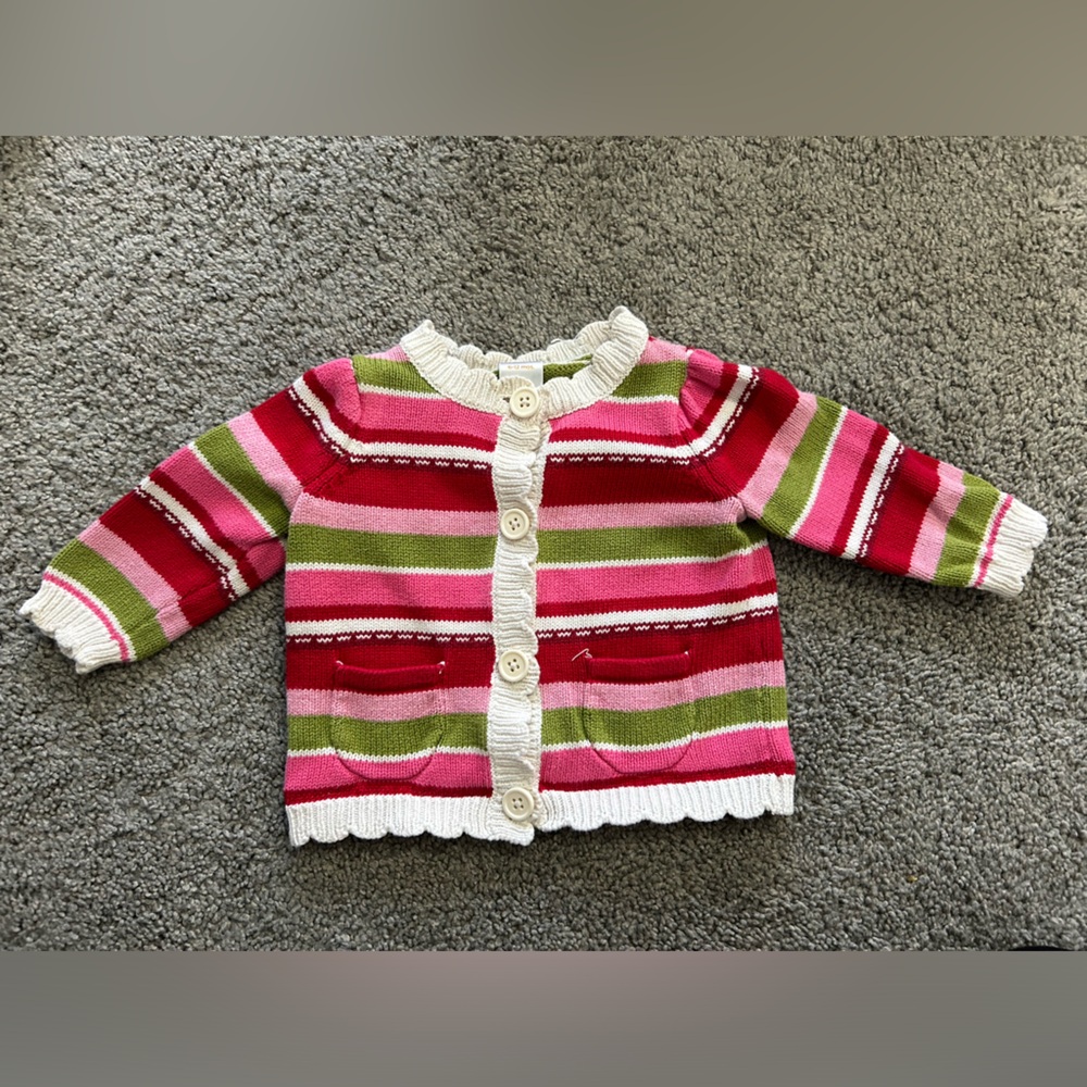 VINTAGE Gymboree Girl’s Pink & Green Striped Cardigan 6-12M